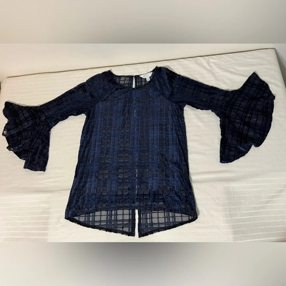 LC Lauren Conrad Women's Top Small 3/4 Bell Sleeves Semi-Sheer Velvet Blue - Picture 8 of 12